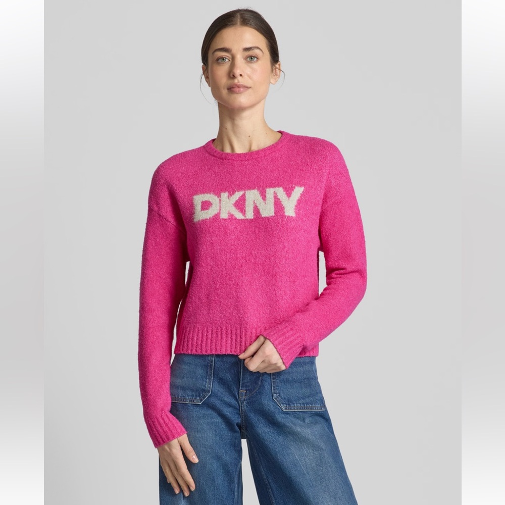 DKNY Pink Logo Sweater Size Large NWT Fuchsia Crewneck Knit